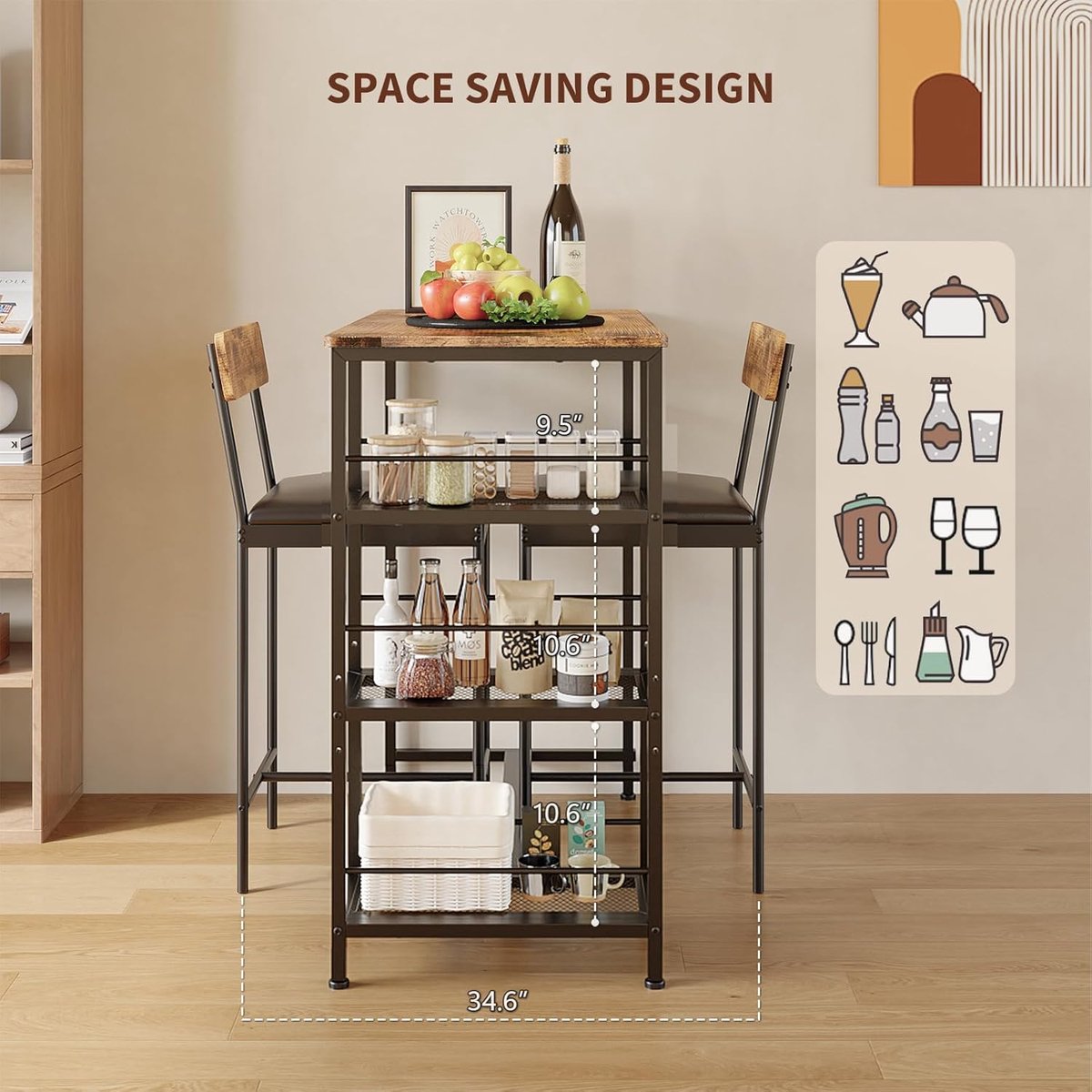 Eethoek - Ruimtebesparende 3-delige eetset voor 2 personen - Moderne compacte vierkante tafel met 2 stoelen - 76 × 74 × 74 cm - Bruin