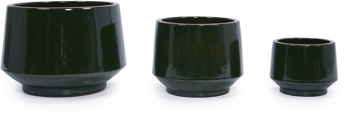 3-delige handgemaakte keramische bloempotten set (Ø 38,1/28/22,9 cm) – donkergroen glanzend – zonder patroon – met afwateringsgat – voor binnen en buiten