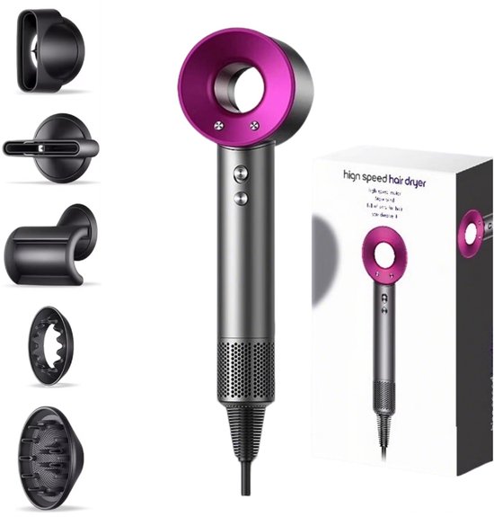Fohn - Ionische Haardroger - met 5 opzetstukken - 1500W - 6 Standen - Kappersfohn - Fohn met Diffuser - 110.000RPM - Magenta