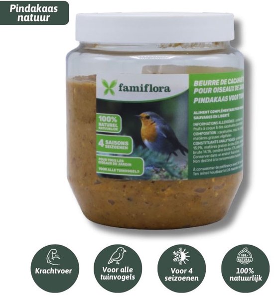 Pot famiflora vogelpindakaas met afbeelding van een roodborstje. 100% natuurlijk, 4 seizoenen, voor tuinvogels.