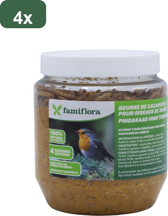 Pot vogelpindakaas met meelwormen, 100% natuurlijk, geschikt voor 4 seizoenen. Op het label staat een roodborstje.