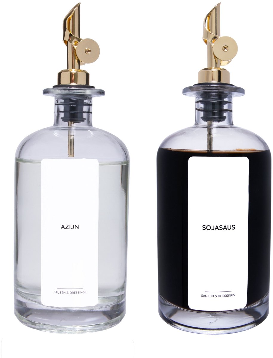 XIVADA Olijfolie Fles - Met schenktuit goud - Glas - 500 ML - Set van 2 - Met witte labels