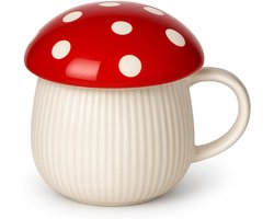 Paddestoel Keramische Mok - Drankbeker Theekop - Koffie Drinken - Inclusief Deksel - 350 ML - Rood