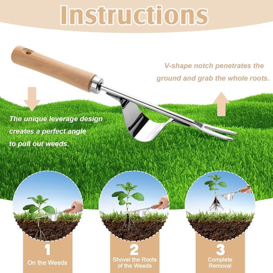 Stainless Steel Weed Cutter - Hand Weed Cutter - Snail Tongs - Garden Dandelion Remover - Wooden Handle - Garden Lawn Yard - Y-Shaped Jader voor Digging - Weeding Tools — afbeelding 2