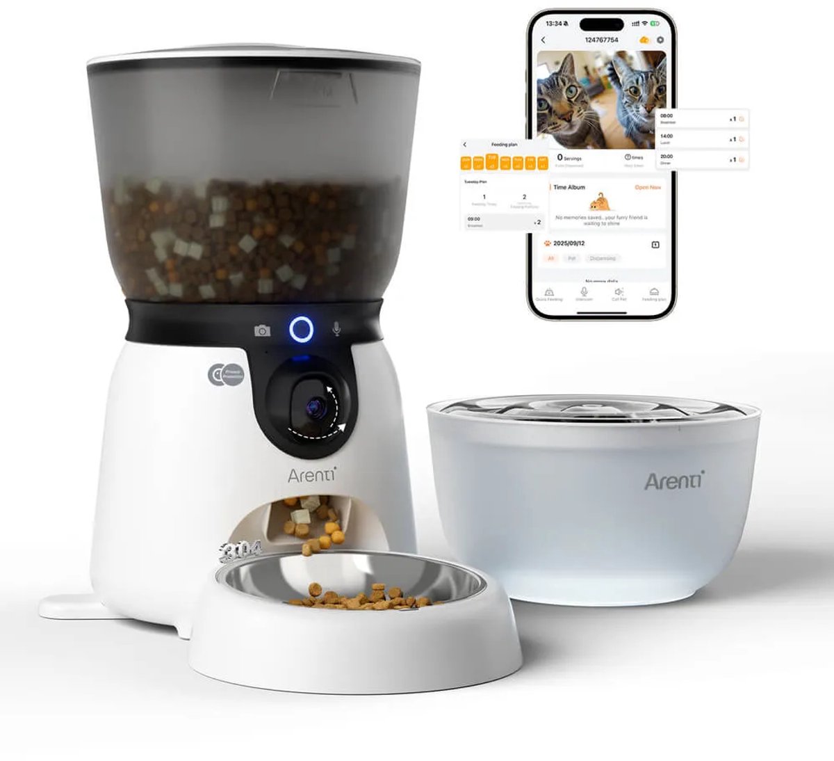 Arenti Petfeeder2 64GB Automatische Voerbak 4L Met Beweegbare Camera - 3L Fontein - Kat & Hond – Slimme Voerdispenser met Camera – 3MP (2K) Met Night Vision – Two-Way Audio – Voerautomaat met App – Dual band Wifi – Voor Katten & Honden – Gratis App