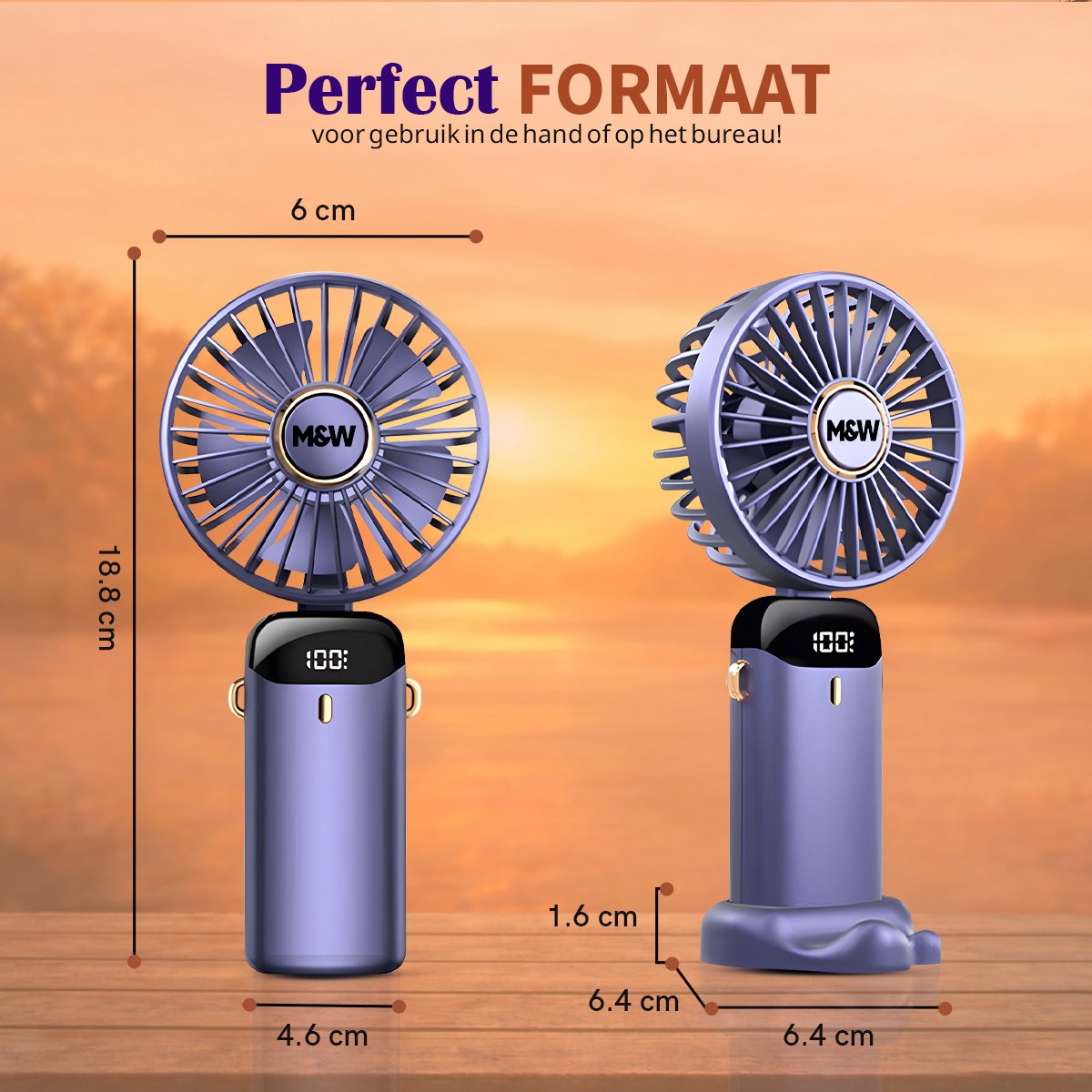 Oplaadbaar USB Handventilator - Draagbare Mini Ventilator met Standaard, Telefoonhouder en Nekkoord - 3 Standen - 3000 mAh - Voor Thuis, Kantoor, Onderweg, Vakantie en Festival - Paars — afbeelding 3