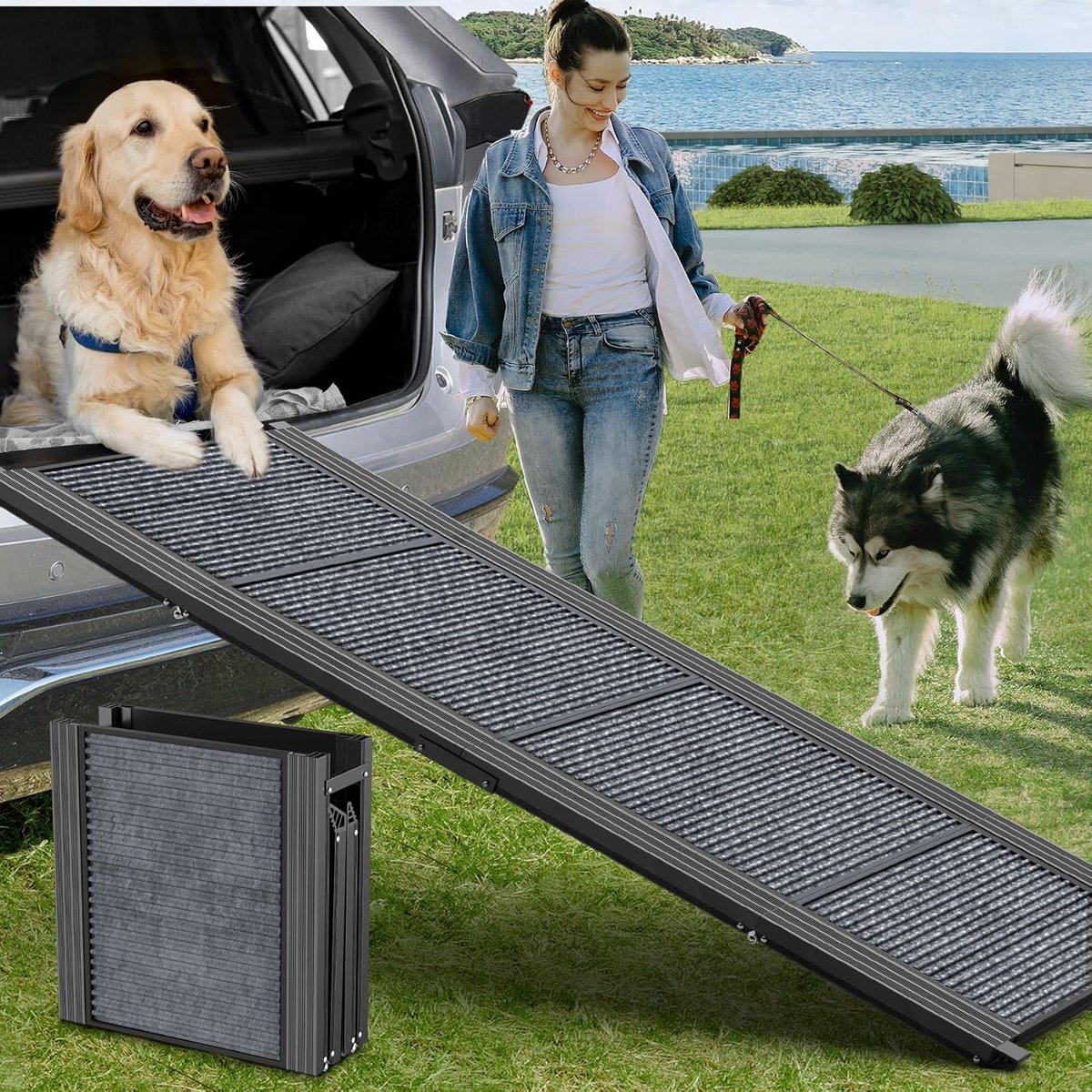 Huisdieren Oprit - Honden Opstapje - Veilig Instappen - Opvouwbaar Lichtgewicht - 160cm Lang - Grijs Zwart