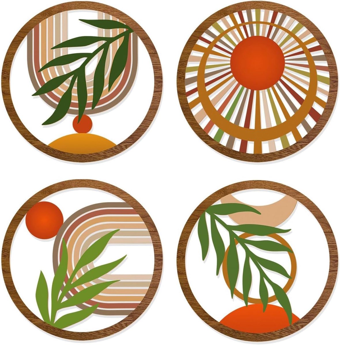 Houten Muurdecoratie Set - Geometrische Kunst - Woonkamer Aankleding - Vier Delige Set - 25cm Diameter - Natuurlijk Hout