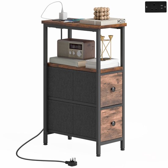 Petite table basse/table d'appoint avec station de recharge, cadre en acier, 2 tiroirs en tissu, compartiment ouvert, 20 cm x 40 cm x 63 cm, brun rustique