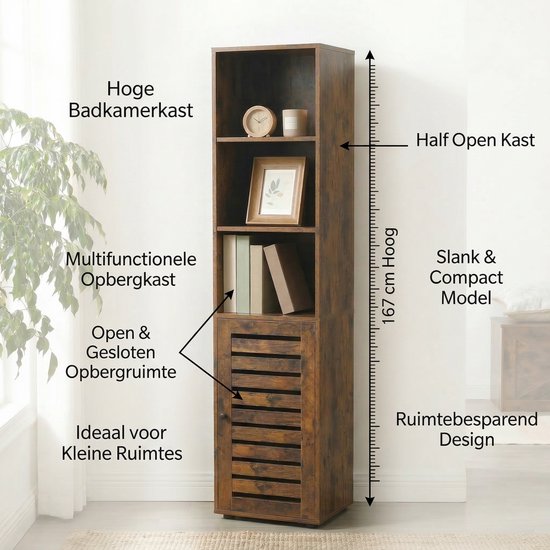 Monza Home® Badkamerkast Kolomkast Opbergkast - 167x39.5x30 cm - Vintage Bruin