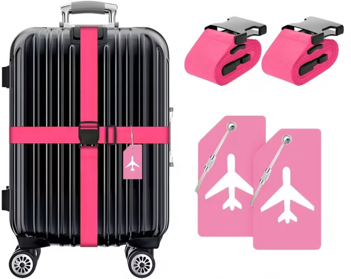 Roze Kofferriem / Bagageband – Set van 2 met Labels (4-delig) – Verstelbaar tot 170 cm – Kofferband voor Vliegveld Herkenning – Reis Accessoire