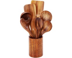 Houten kookgereiset met opbergbak - Keukengerei set - Houten kookgereiset - Massief houten kookgereiset - Kookgereiset - Natuurlijk hout - Bruin