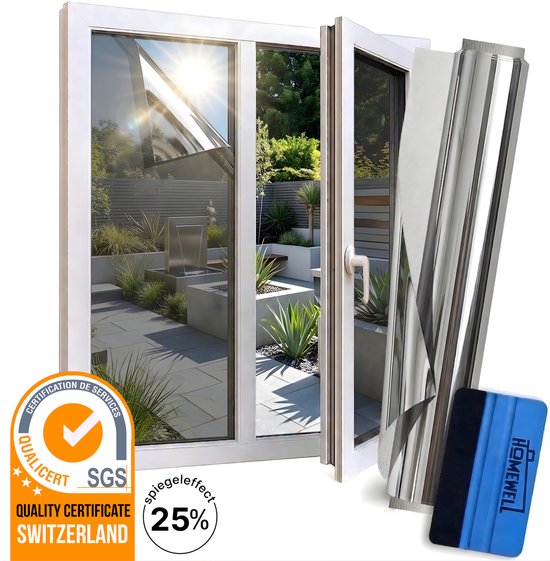 Homewell® Film Isolant et Contrôle Solaire pour Fenêtre avec effet miroir - Anti-vue - Film Adhésif Statique One Way Auto-adhésif HR++ Argent 120x300