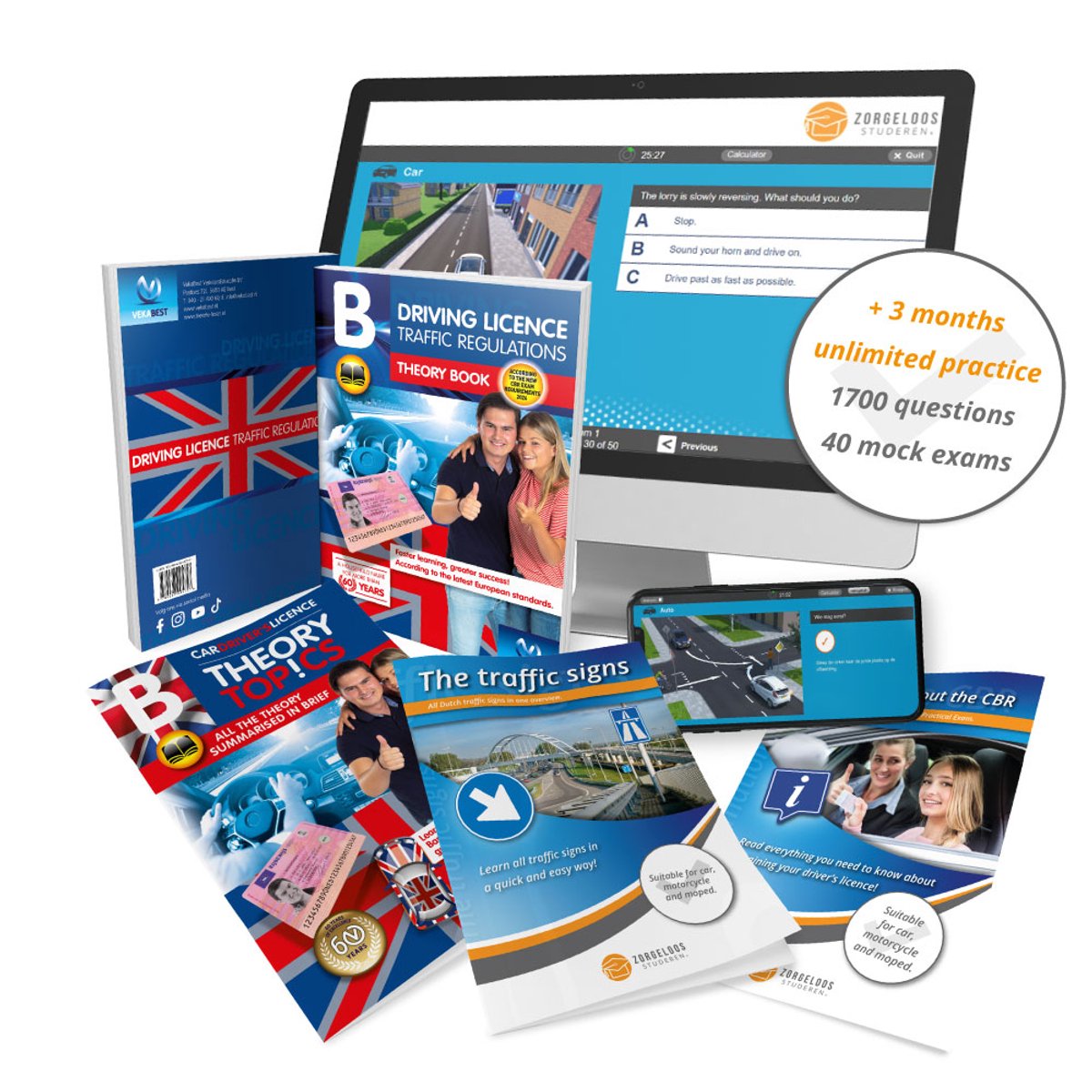 Omslag van Car Theory Book Driving License B 2026 English – 3 Months Unlimited Practice – 1700 Questions and 40 Mock Exams – Summary – CBR Guide and Traffic Signs Book – VekaBest