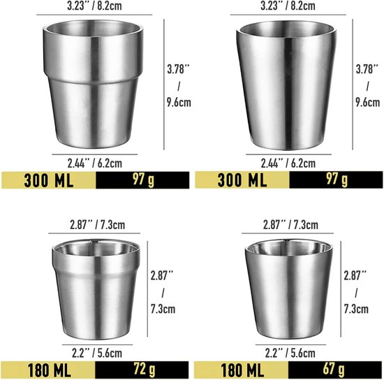 Roestvrijstalen bekers - Kampeermokken espressokopjes - Buiten en thuis - Dubbelwandig vacuüm geïsoleerd - 300 ml - Zilver goud — afbeelding 5