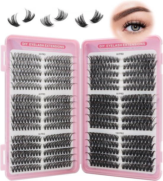 Roze koffer met DIY wimperextensions, gesorteerd op 30, 40, 50, 60, 80 en 100D krul. Bevat losse wimpers in zwart.