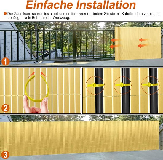Driestaps installatiegids voor PVC-hekwerk met kabelbinders aan een balkonhek, zonder boren of gereedschap.