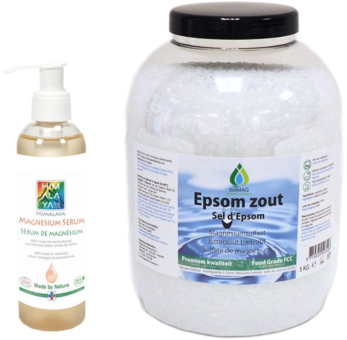 SoLMAG Voordeelset Epsom Zout 5 kg + Himalaya Magnesium Serum-Gel 200 ml - Magnesiumsulfaat 49% FCC Food Grade - Voetenbad Badzout - Epsomzout - Epsom Salt - Sal de Epsom - Bitterzout - Magnesium Serum Voeten en Spieren - Magnesium slapen