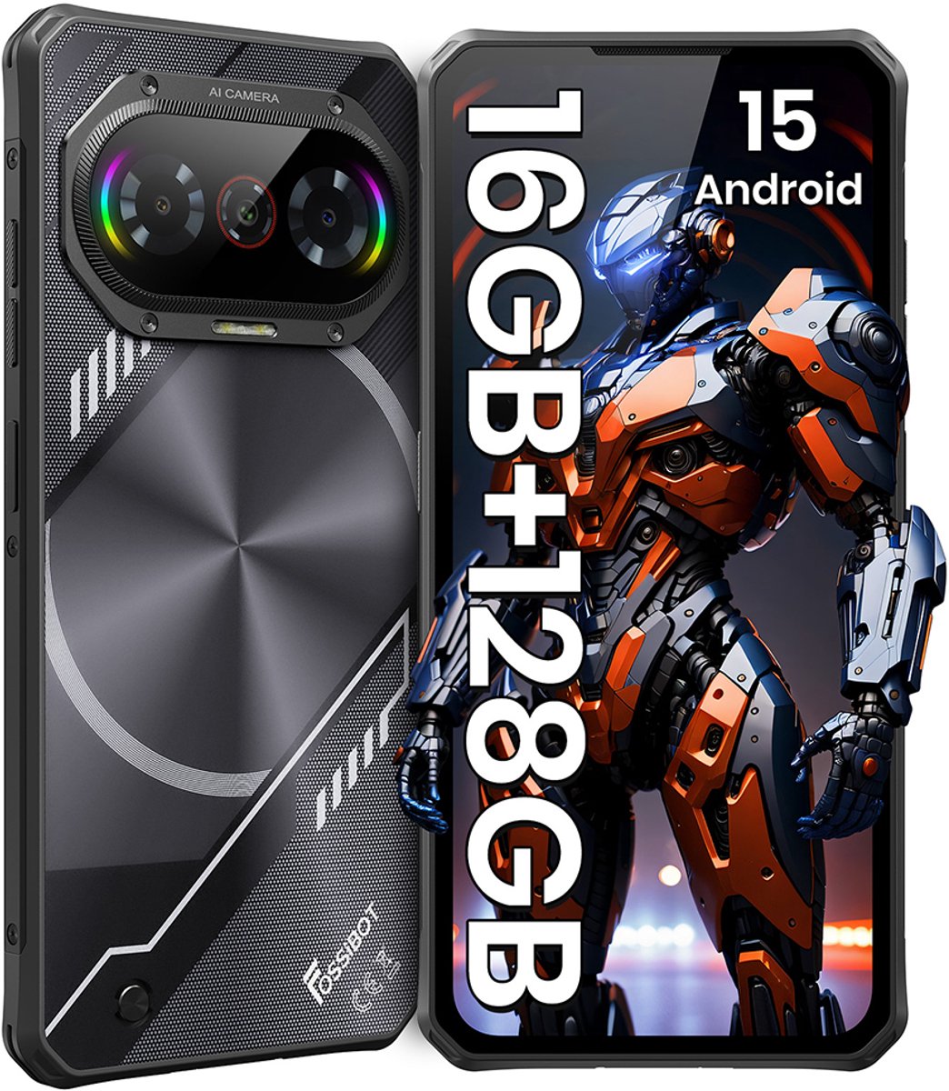 FOSSiBOT F114 Smartphone - 16GB RAM - 168GB ROM - 50MP Camera - 6,67 inch HD+ IPS Scherm - 5000 mAh - IP68 Waterdicht Telefoon - Android 15 - GPS,NFC,Face ID,OTG - Zwart