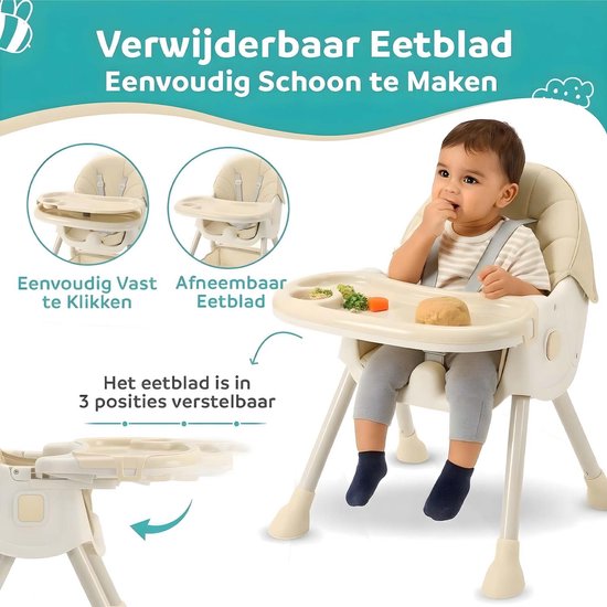 ComfyKidz® Inklapbare 4 in 1 Kinderstoel met Schommelfunctie - Met Voetensteun - Meegroeistoel met Opbergmand - 6 Maanden tot 5 Jaar - Peuterstoel - Baby Eetstoel met Wieltjes - Beige — afbeelding 3