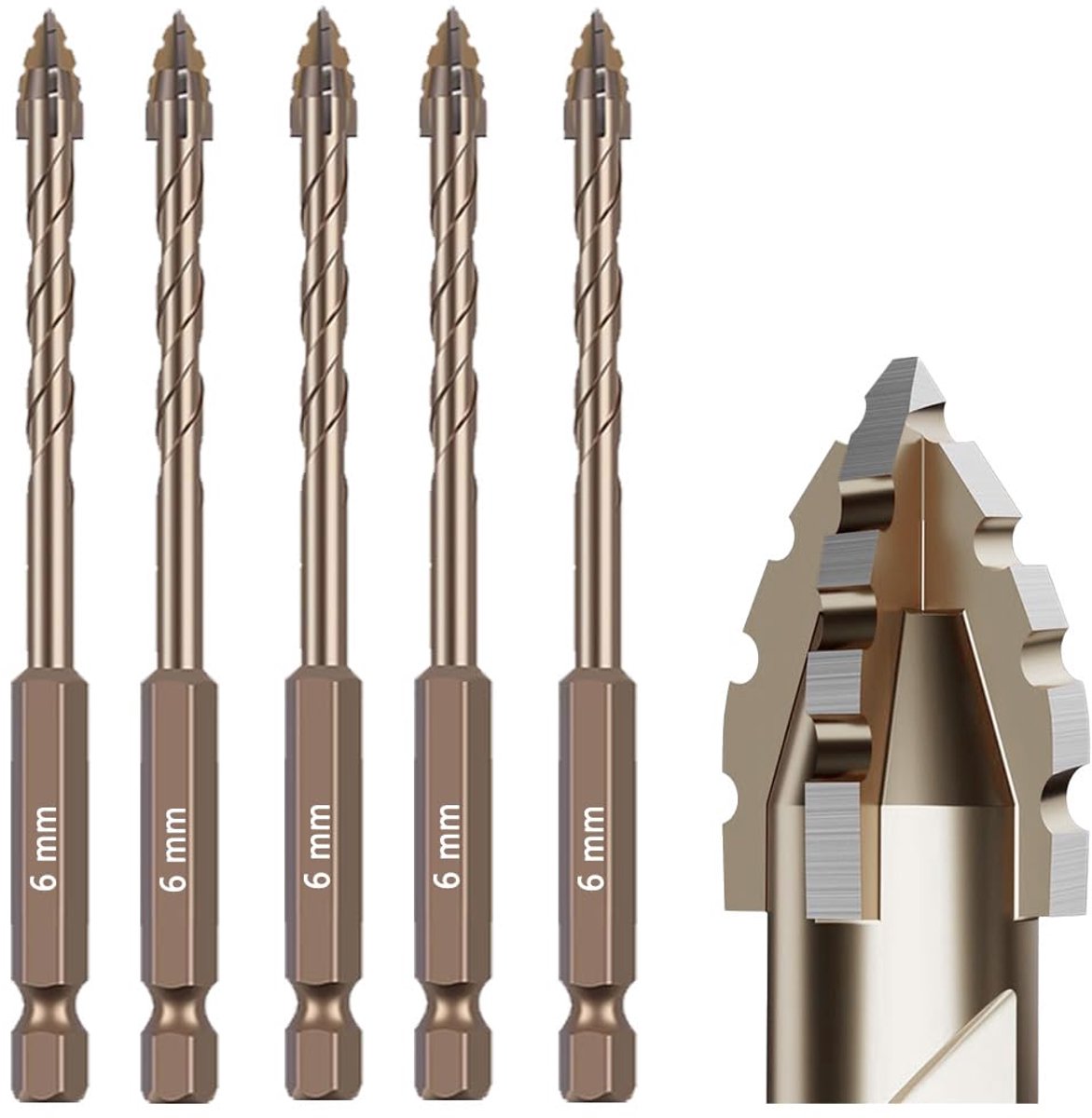 Gekartelde Metselboorset - Titanium Gecoat - Droog Boren - Excentrisch Fluitontwerp - 5 Stuks 6mm