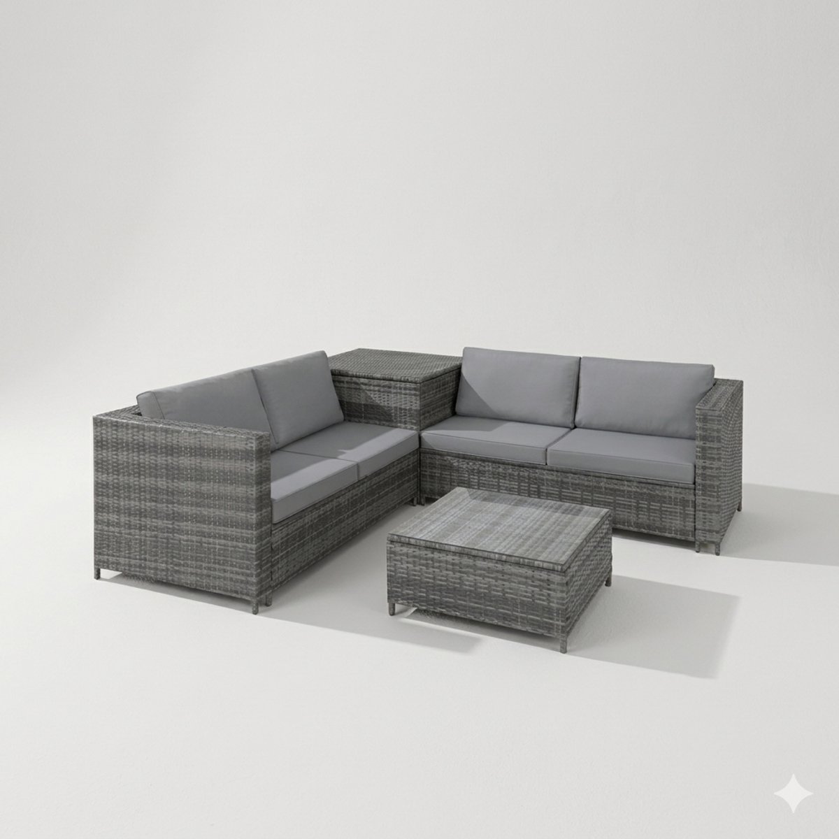 Wicker Zitgroep Tuinset 2 Banken met Extra Dikke Kussens en Tafel met Glasblad – Luxe Tuinmeubelen voor Terras, Balkon en Buiten – Diverse Kleuren Grijs / Lichtgrijs – House& Garden
