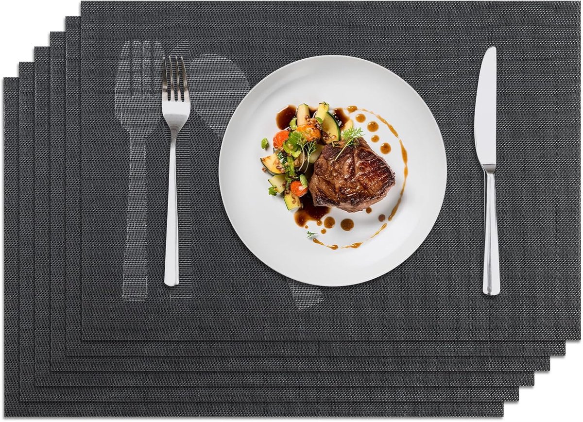 Set Placemats - Tafelmatten Keuken - Bescherming Tafel - Hittebestendig PVC - 45x30cm - Zwart