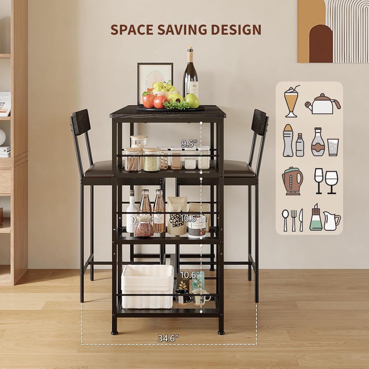 Eethoek - Ruimtebesparende 3-delige eetset voor 2 personen - Moderne compacte vierkante tafel met 2 stoelen - 76 × 74 × 74 cm - Zwart