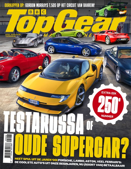 Voorpagina TopGear Magazine april 2026. Gele Ferrari, rode Ferrari, blauwe Porsche, groene sportauto, grijze sportauto, donkerblauwe sportauto.