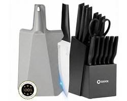 COOCK - Messenset met Blok en Vouwbare Snijplank – Keukenmessen - Schaar - Aanzetstaal (Messenslijper) – 15-Delige Keukengerei Set in Messenblok - Met Krasbestendige Coating - RVS/Zwart