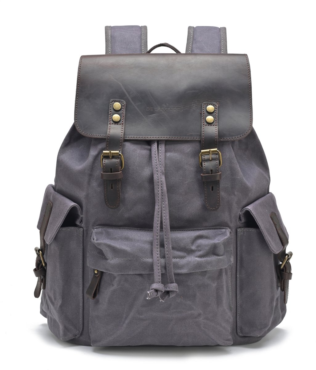 DE LAMASSU® Vintage Canvas Laptoptas 15 inch – Motor & Fiets Geschikt – Harde Achterkant – Rugzak – Canvas & Echt Leer