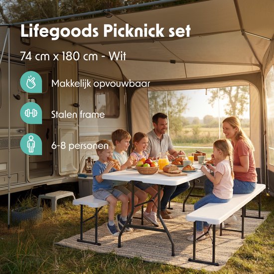 LifeGoods Inklapbare Picknickset - 180cm x 74cm - Tuintafel met 2 Banken - Weerbestendig - Campingtafel - Biertafel Opklapbaar - Voor Binnen en Buiten - Voor 6 tot 8 Personen - Wit van Merkloos — afbeelding 2