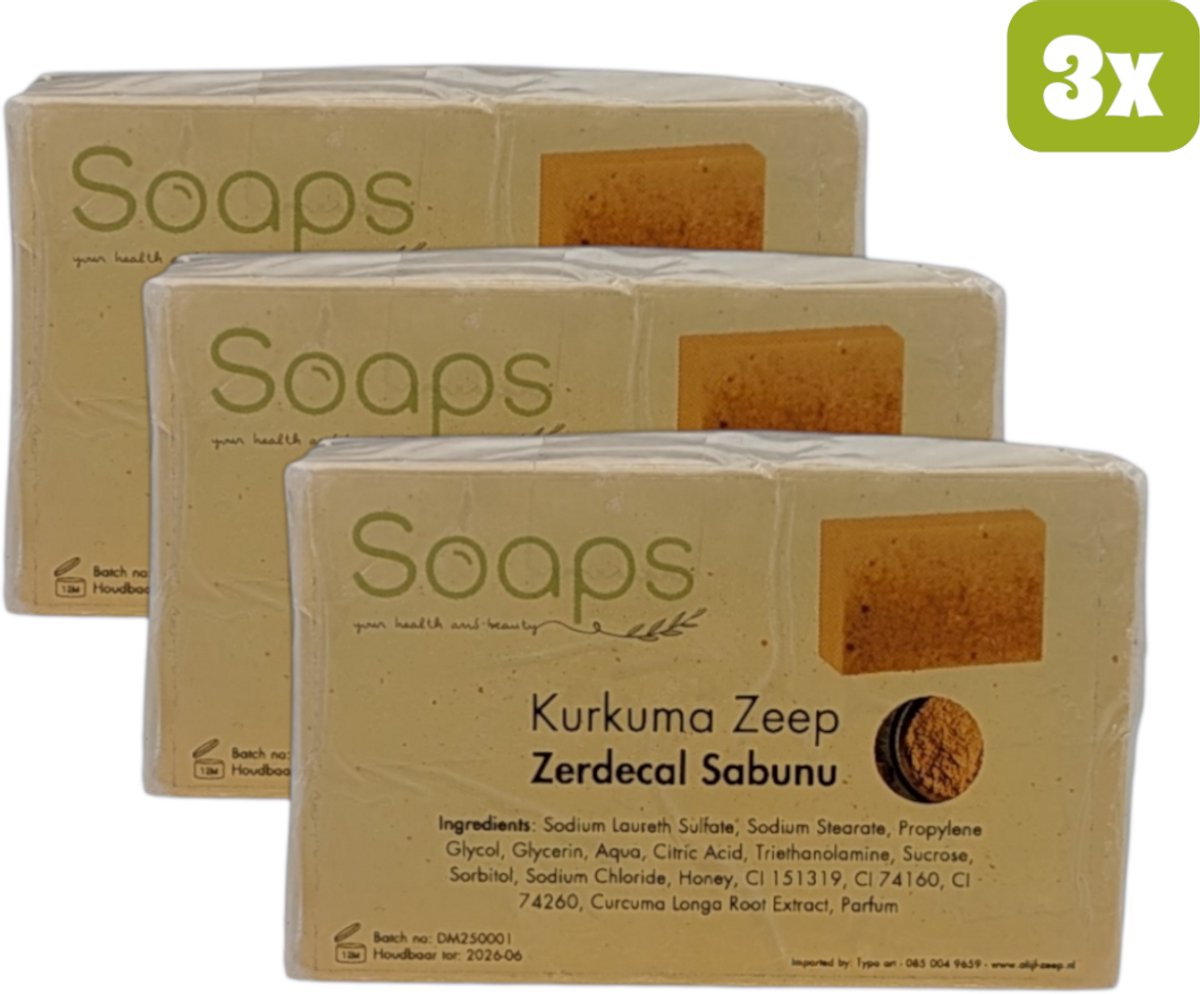 3x Kurkuma Zeep met Honing – Verzorgende en Reinigende Badzeep met Curcuma Longa Extract voor een Stralende, Zachte en Gehydrateerde Huid