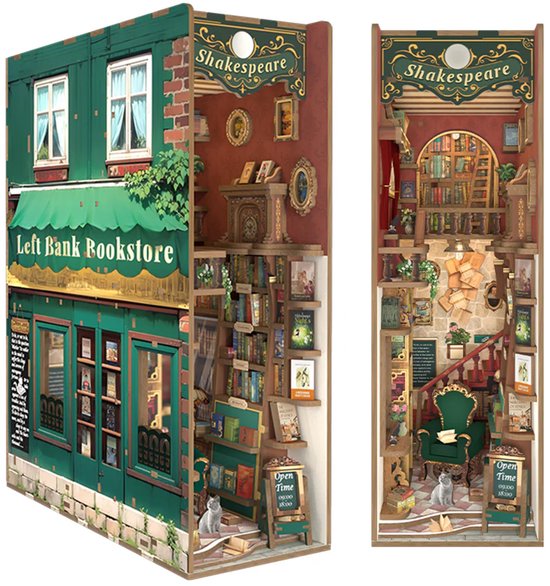 Het 'Left Bank Bookstore' model in 3D, van buiten met groene gevel en van binnen als miniatuur bookstore met boeken en meubels.