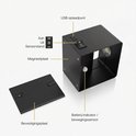 Applique murale carrée noire avec plaque de montage magnétique, plaque de fixation, capteur marche/arrêt, port de chargement USB et indicateur de batterie.