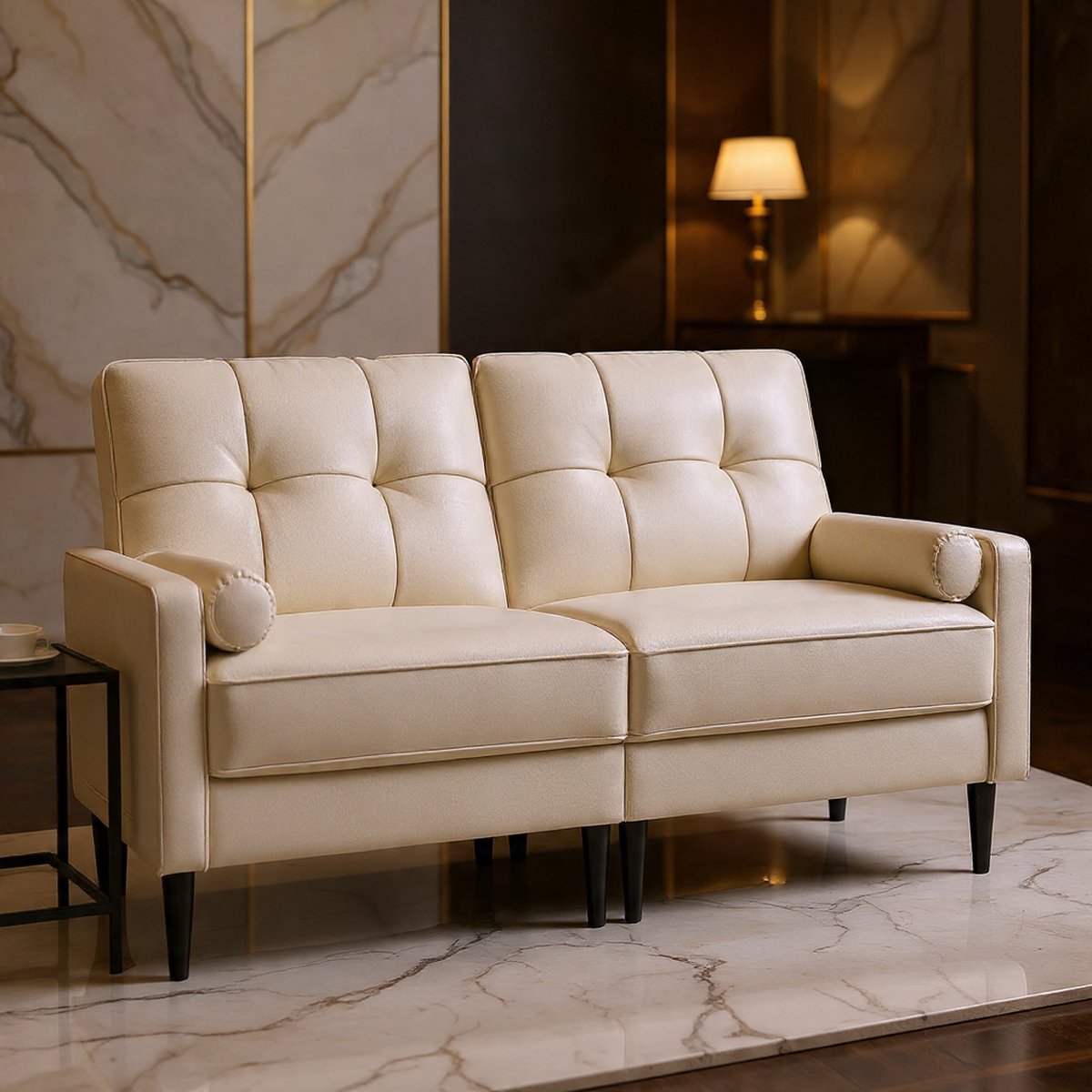 Luxe Mid-Century 2-zits loveseat in beige crèmetinten. Premium linnen en fluweel met ergonomisch design. Perfect voor kleine woonkamers, inclusief 2 sierkussens. Max draagkracht: 350 kg. - House & Garden