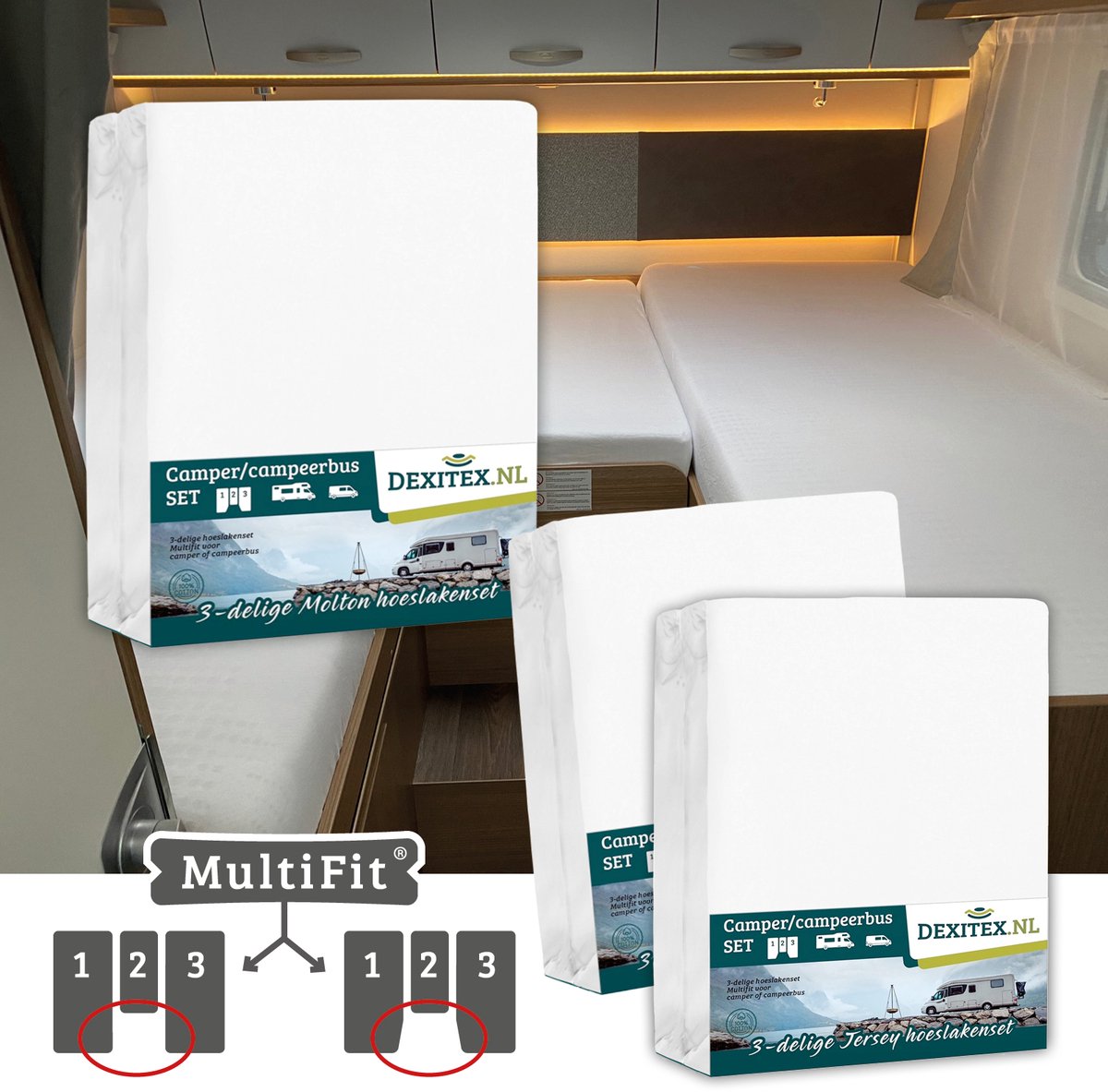 Dexitex 1 x molton 2 x hoeslaken WIT/ 3 delige set-Geschikt voor Camper lengtebedden of enkele bedden