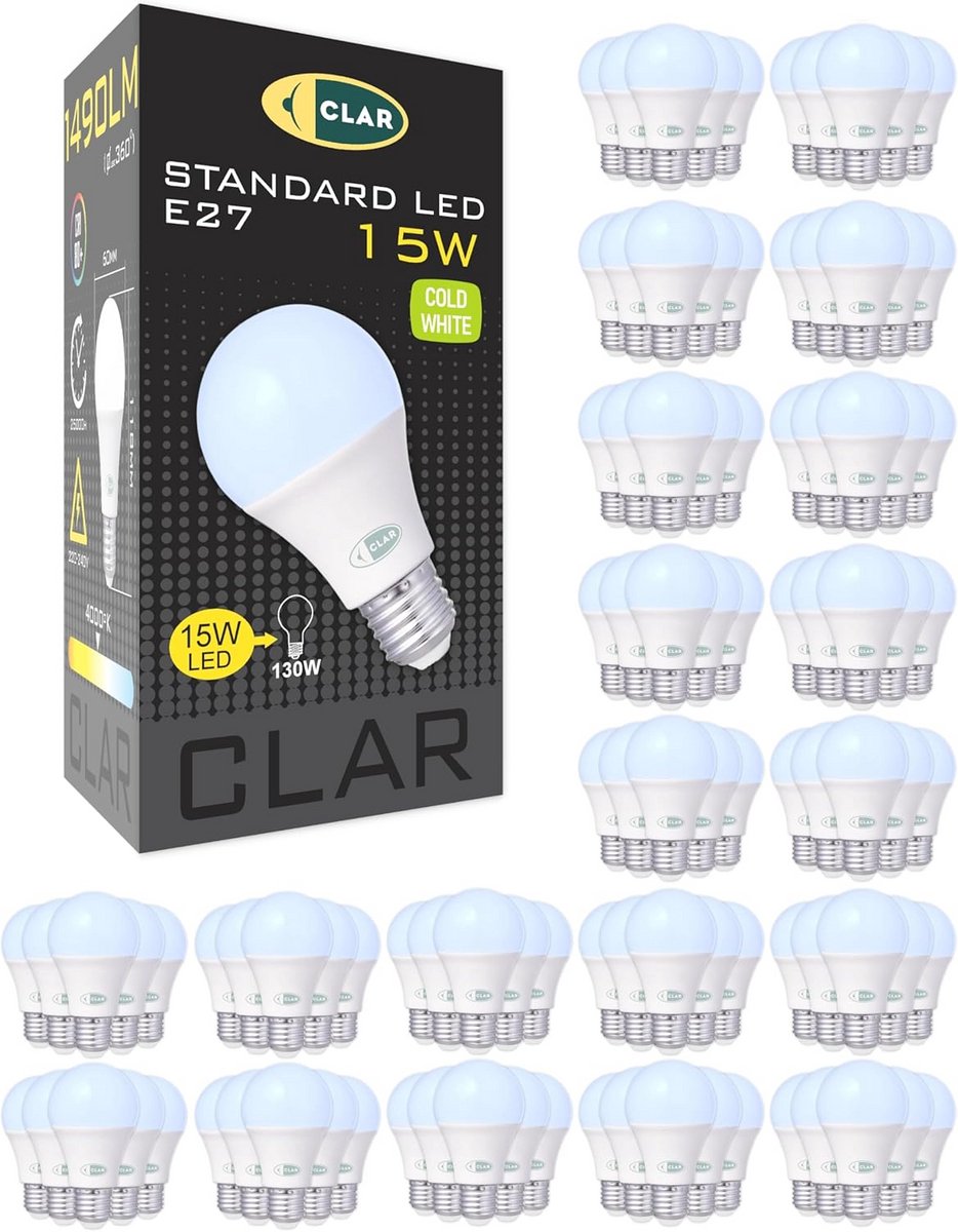 100 Stuks E27 LED Lampen Koudwit 15W voor Binnenverlichting