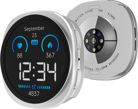 Zilverkleurige smartwatchcase, voorkant met 23 september, 12:34, en achterkant met specificaties.