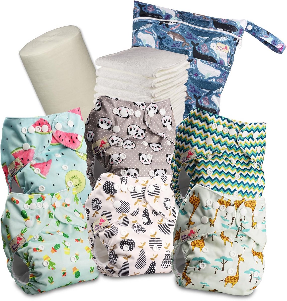 Wasbare Luiers Set (6 stuks) – One-Size Pocketluiers met Drukknopen, Inleggers en Natte Luierzak
