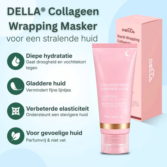 Roze tube "Collagen Night Wrapping Mask" op de voorgrond, met een roze doos en infographic over de voordelen.