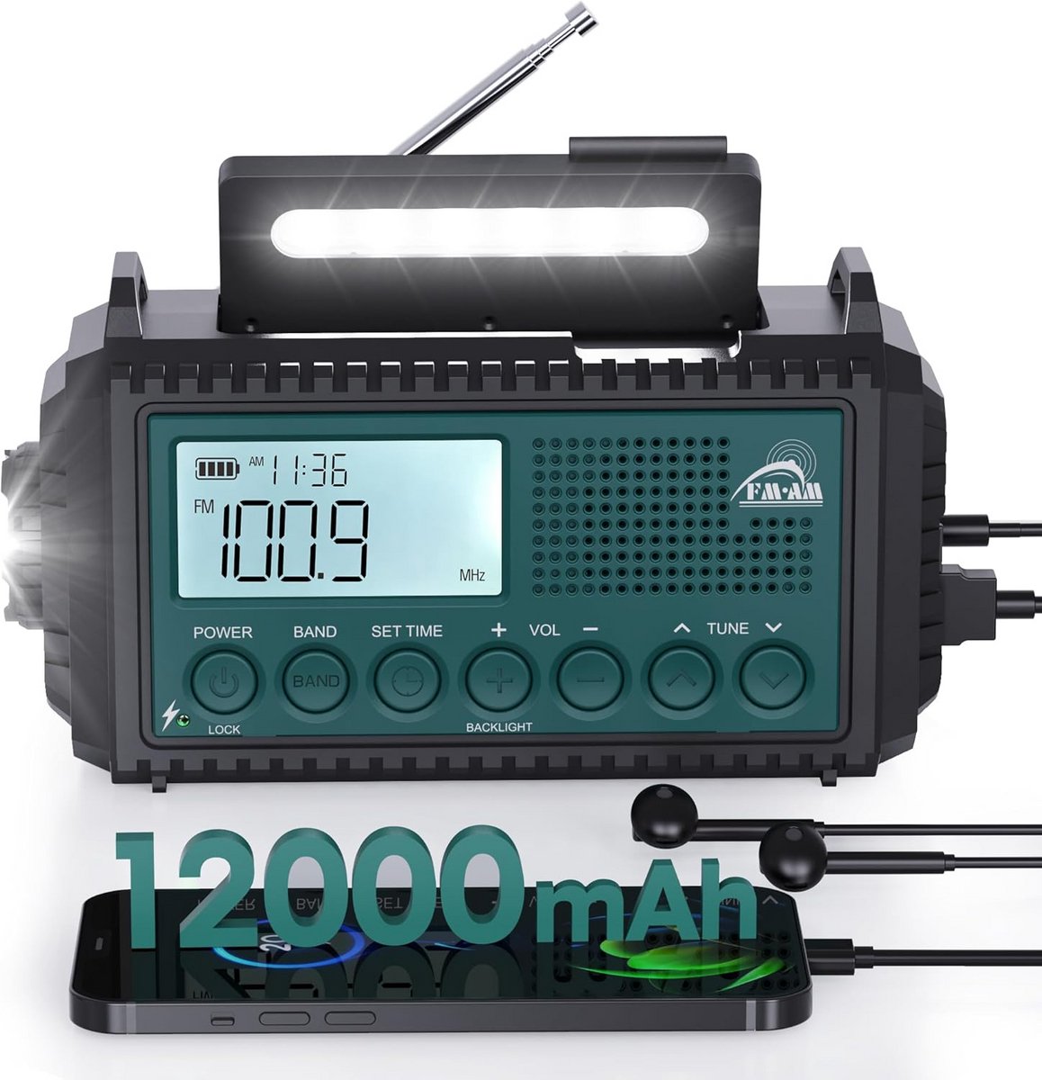 Noodradio met Oplaadbare Grote Accu, AM/FM/SW, Zaklamp en Opladen via Zonne-energie