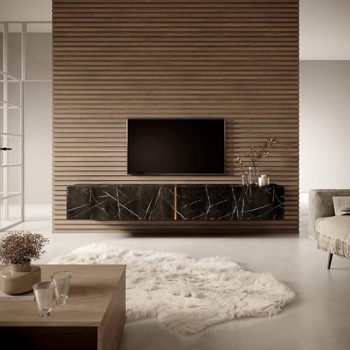 Hangende TV Kast 200x31,6x30 cm Zwart Marmer met Gouden Accenten – Moderne Minimalistische Opbergmeubel voor Televisies tot 75” – Abkantoor