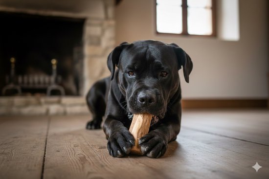 Een zwarte hond die op een houten tak kauwt op een houten vloer bij een open haard.