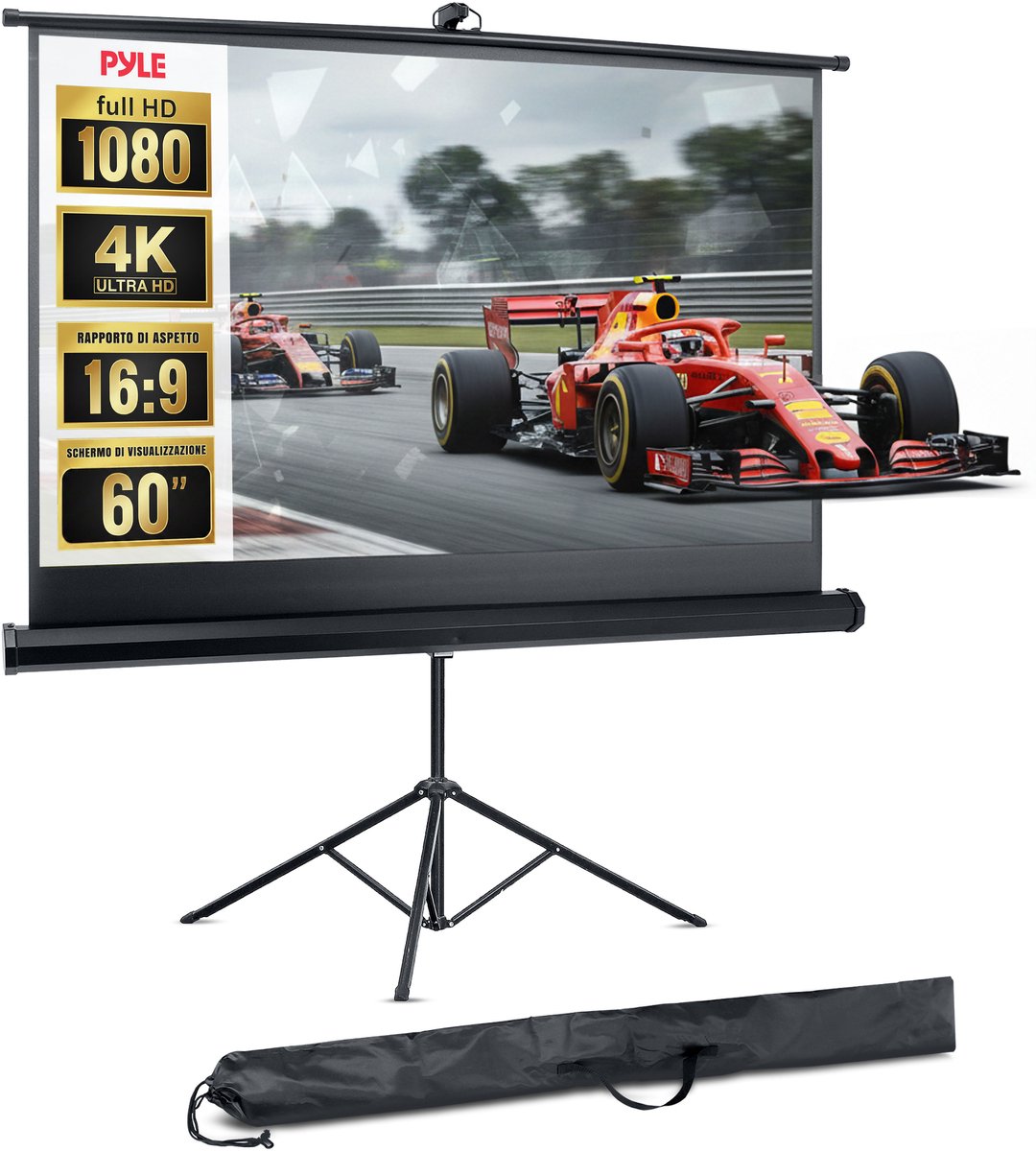 Pyle Projectiescherm met Statief – Handmatig Oprolbaar Projectiescherm met Auto Lock – 60 Inch, Draagbaar, 16:9 Beeldverhouding
