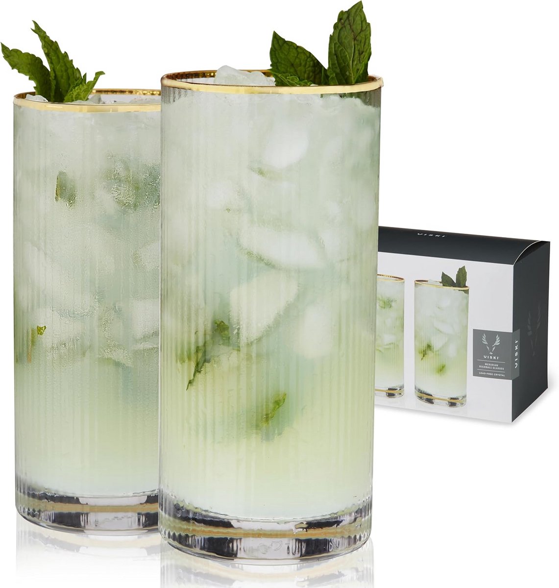 Set van 2 Highball Glazen met Gouden Rand - Vintage Gecanneleerd Kristal Drinkglas