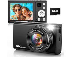 Kiekz Fotocamera 96MP - Digitale Camera 5K - Compactcamera - 6x Optische Zoom - Fototoestel - Autofocus - Ideaal voor Kinderen en Beginners - Incl. 64GB Micro SD Kaart