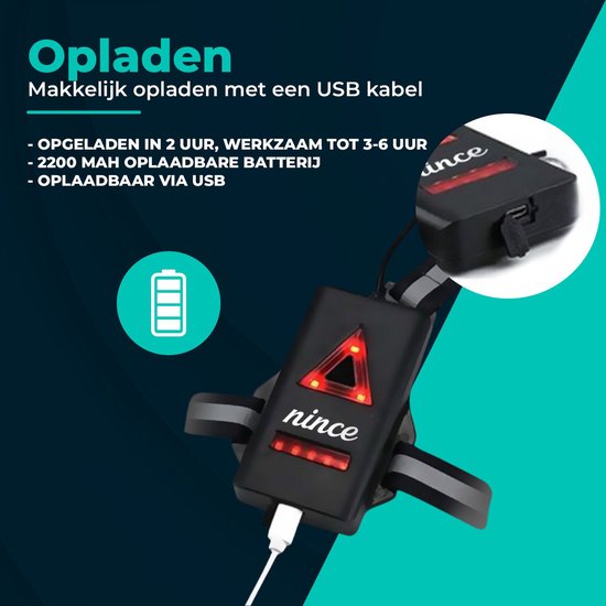 Nince Hardloop verlichting - LED Borstlamp met Achterlicht - USB Oplaadbaar & Verstelbaar - one size