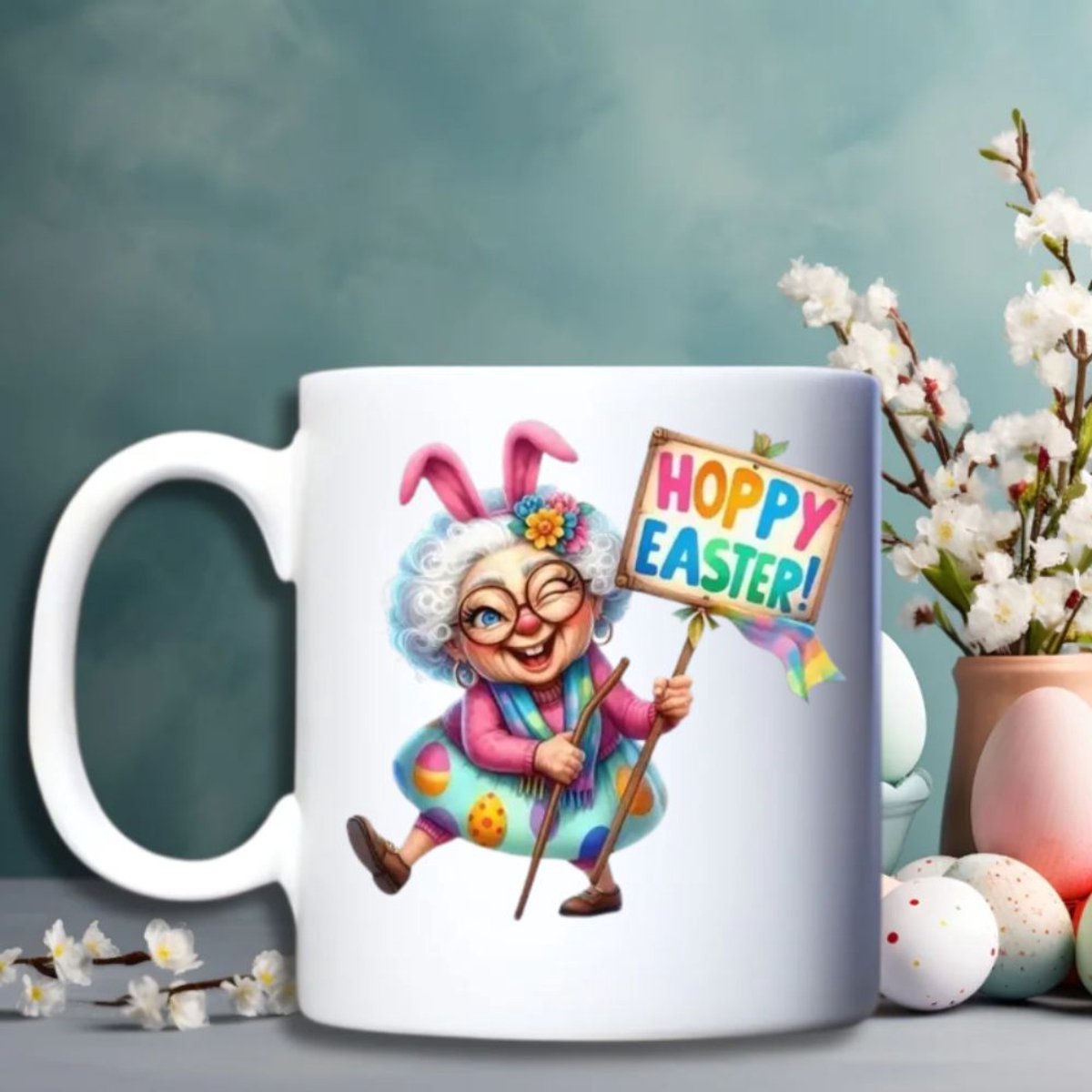 Grappige Paas Mok – “Happy Easter” – Schattige Oma en Paashaas – Keramische beker 300 ml – Cadeau voor Pasen