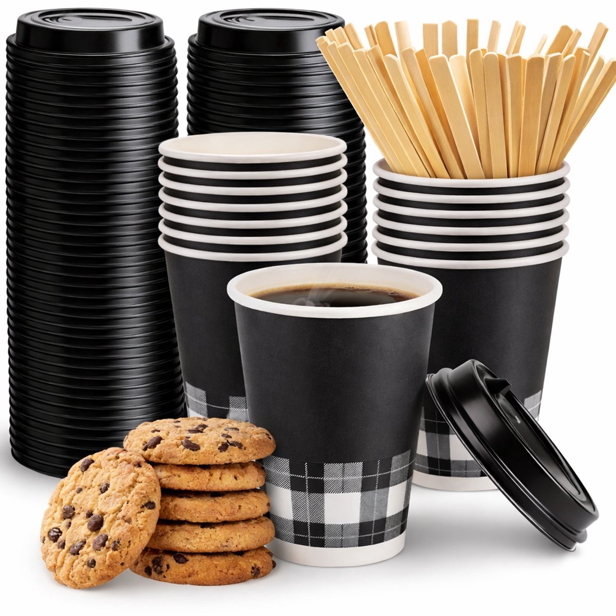 100 x Koffiebeker 8oz 240 ml zwart + zwarte deksels en Roerstaafjes - wegwerp papieren bekers karton kraft – drank bekers – drinkbekers- koffie beker – wegwerpbeker – Koffiekopjes – Koffiemokken - Warme en Koude Dranken